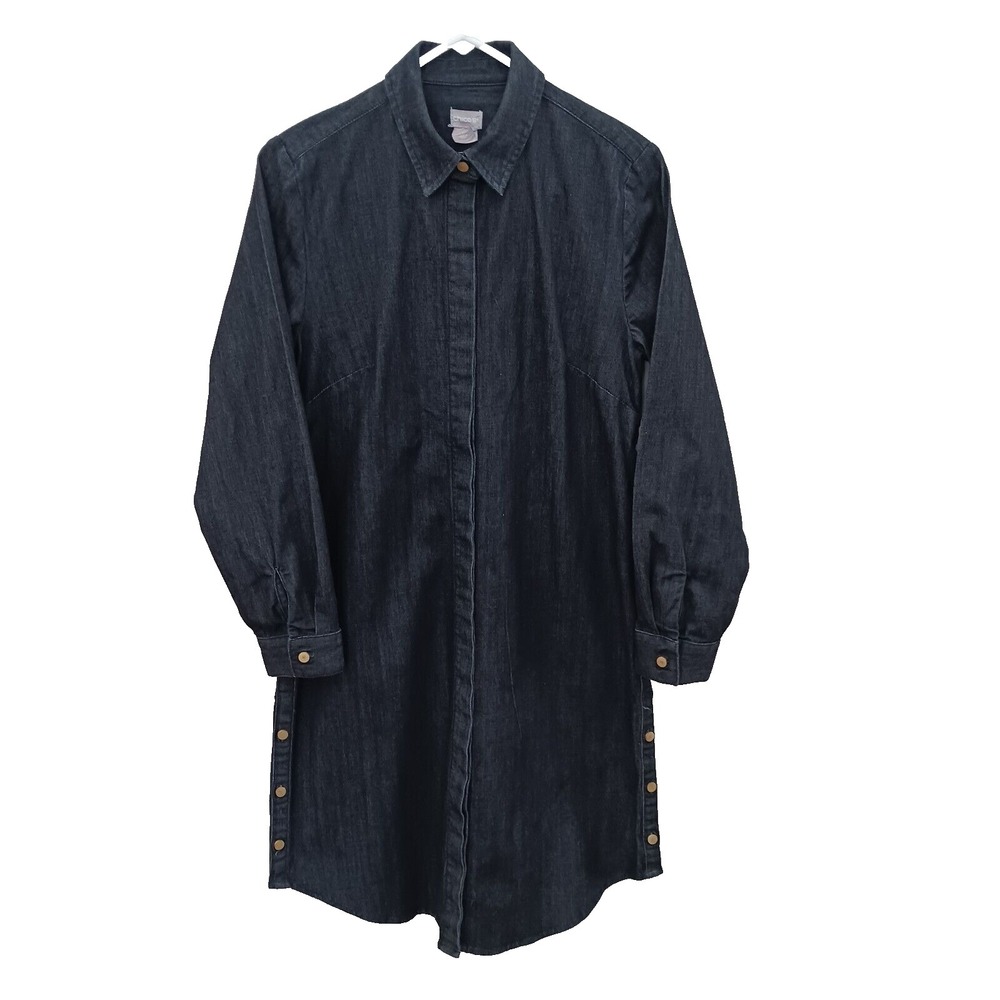 CHICO'S‎ SZ 0 US 4 HIDDEN BUTTON DOWN FRONT BLUE JEAN LONG SLEEVE DRESS